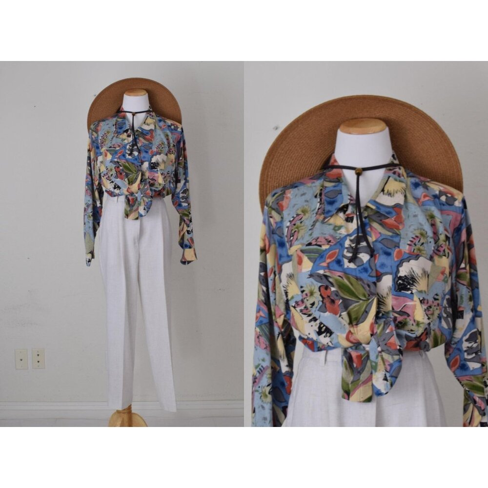 Vintage 90s Rayon Floral Botanical Print Blouse‎ | size S